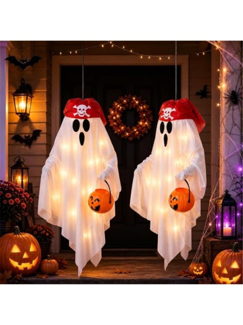 2 Pack Hanging Pirate Ghost Decorations with Lights for Halloween
